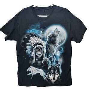 Native American Tshirt Unisex L Adult Black Indian Chief Skull Wolves Moon Howl